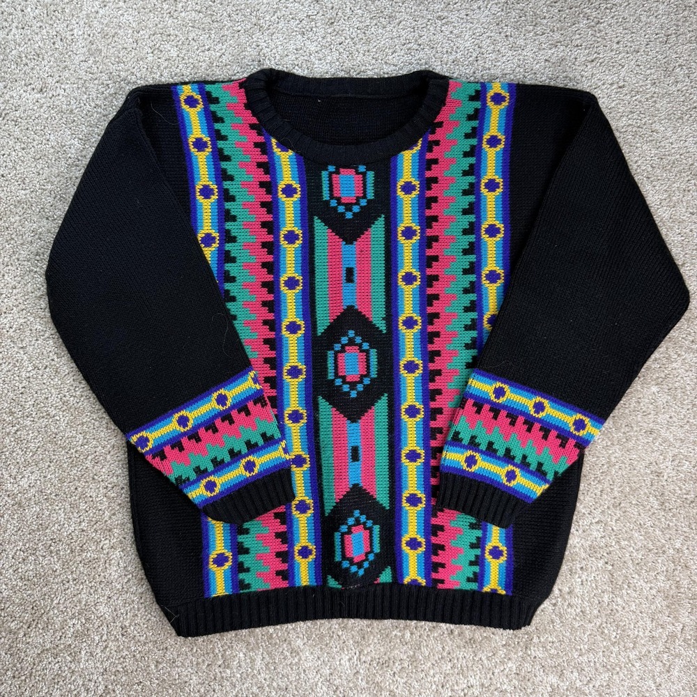 Vintage Colorful Geometric Sweater Womens Large Black Tight Knit Crewneck